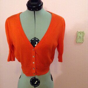 Orange-Red Old Navy Button-Up Cropped Cardigan With Elbow-Length Sleeves